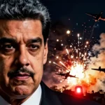 Dramatic illustration showing Nicolás Maduro and military strikes over Caracas