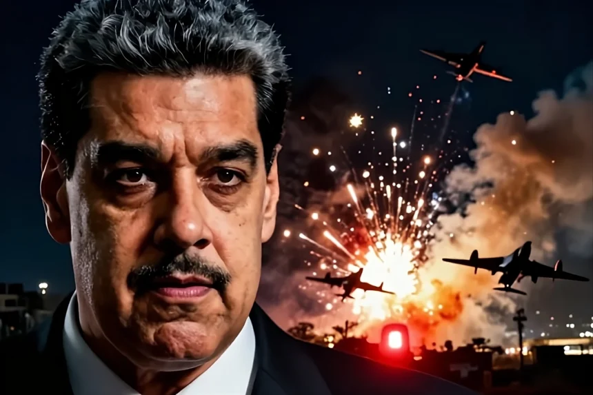 Dramatic illustration showing Nicolás Maduro and military strikes over Caracas